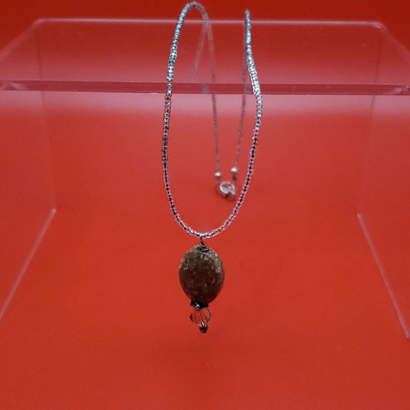 16 Inch 925 Sterling Silver Spotted Brown Stone Beaded Necklace - Picture 2 of 7